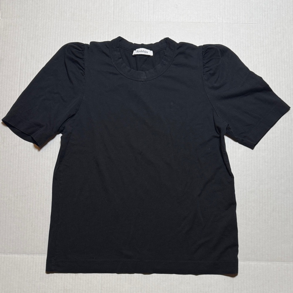 RODEBJER Women's Puff Sleeve Cotton Black Top Short Sleeve Crewneck Minimal ‎ L